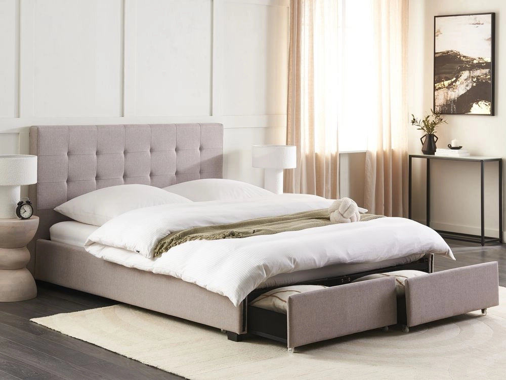 Letto contenitore matrimoniale imbottito grigio chiaro con rete a doghe e cassetti 160 x 200 cm