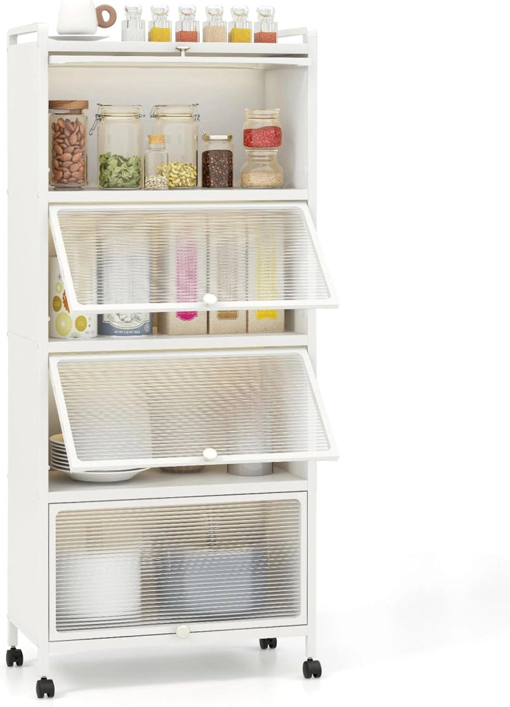 Armadio da Cucina a 5 Piani, Mobile per Microonde con Porte PC a Scomparsa, con 4 Ruote Girevoli, per Sala da Pranzo Soggiorno e Studio, 60x32x154 cm (Bianco)