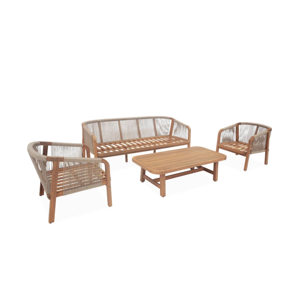 Salotto da giardino in legno e corda, 5 posti, beige