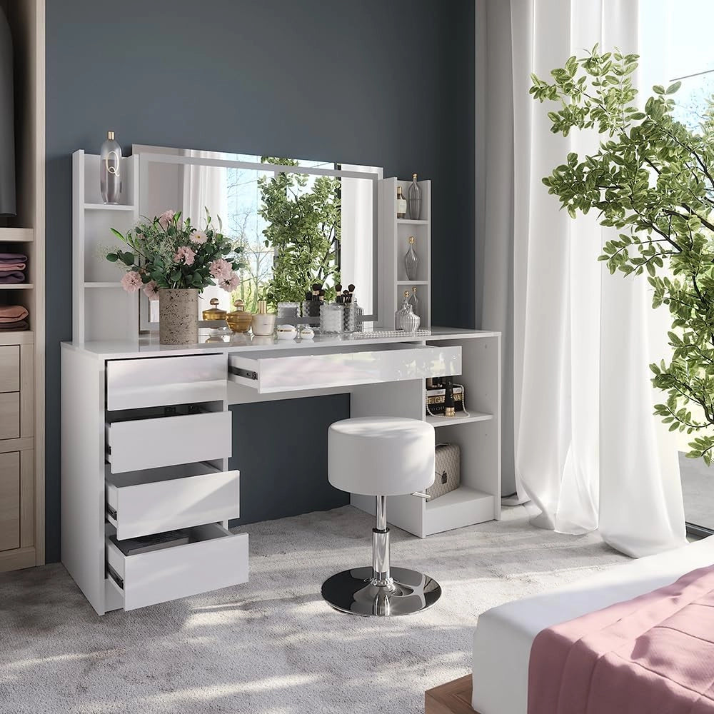 Tavolo da toeletta Sherry, Bianco/bianco lucido, 158.2 cm 5 parti