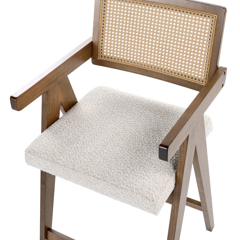 Set di 2 sedie da bar marrone e beige chiaro con struttura in legno di caucciù e sedile in bouclè Cucina da pranzo retrò