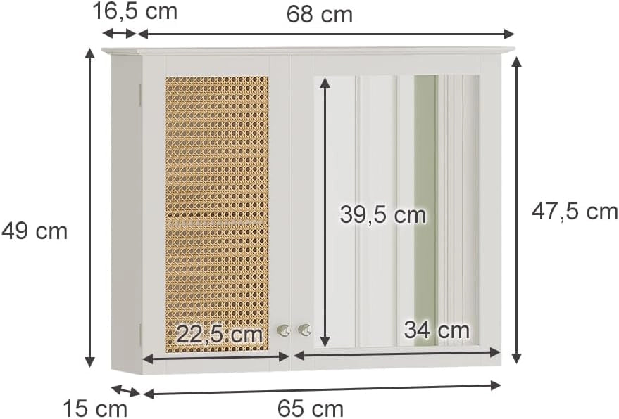 Specchio contenitore bagno Rosario, Bianco, 68 x 49 cm con 2 porte, per la conservazione di articoli da bagno e asciugamani