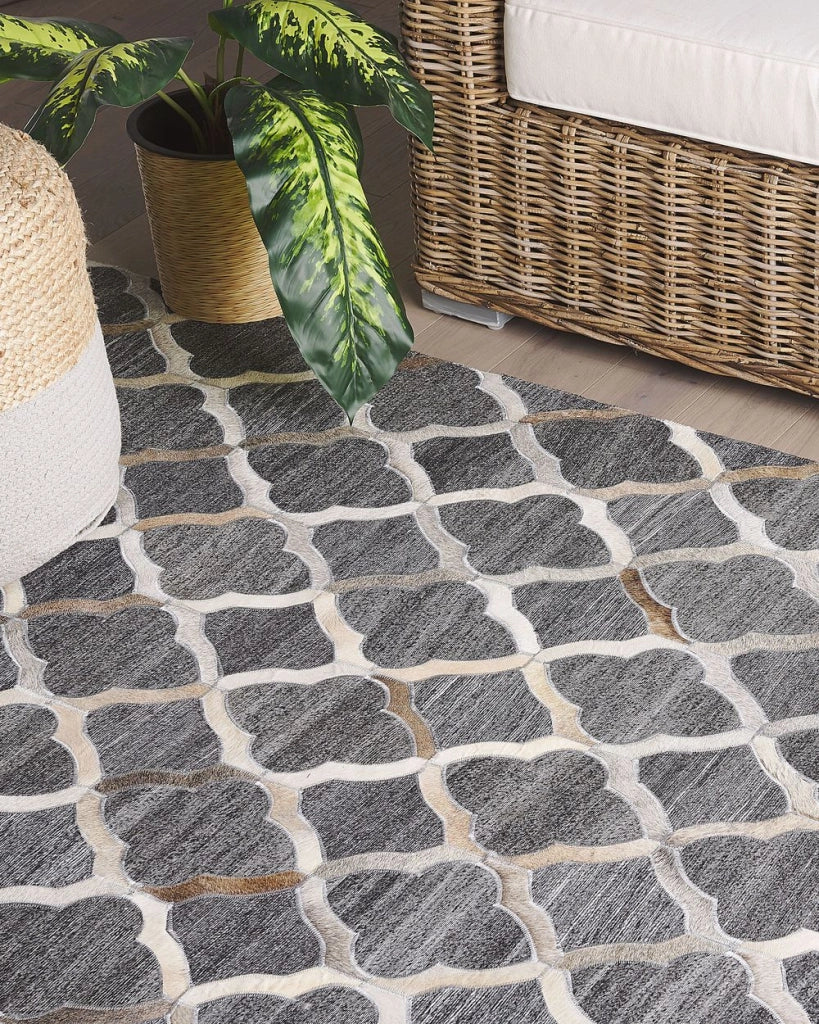Tappeto tappetino Grigio e Beige Jacquard Pelle di vacchetta Motivo Geometrico Quadrifoglio Retro 140 x 200 cm
