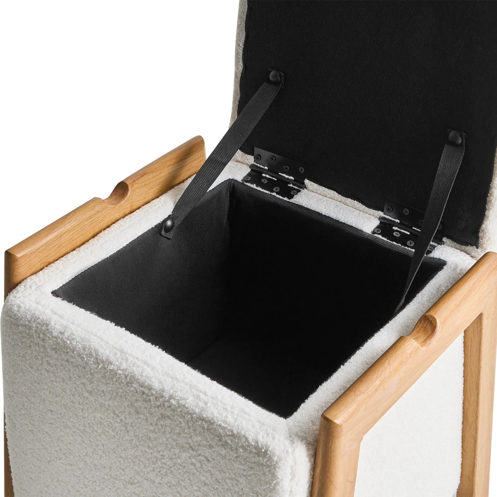 Pouf rivestito in tessuto bouclè bianco con contenitore Accessorio Soggiorno Camera da letto Glam Retrò