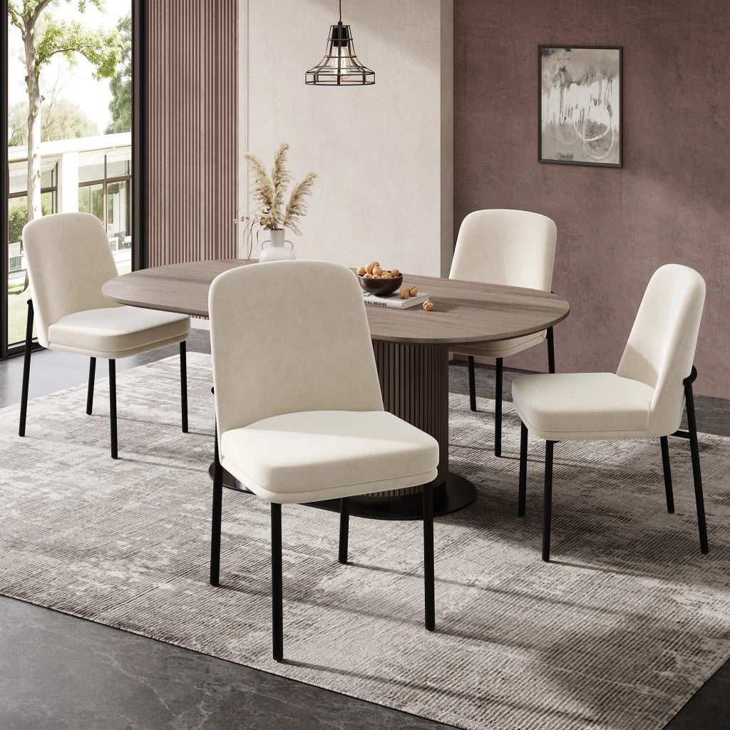 Sedie da pranzo moderne, 4 pezzi in velluto beige con seduta imbottita e gambe in metallo, design minimalista