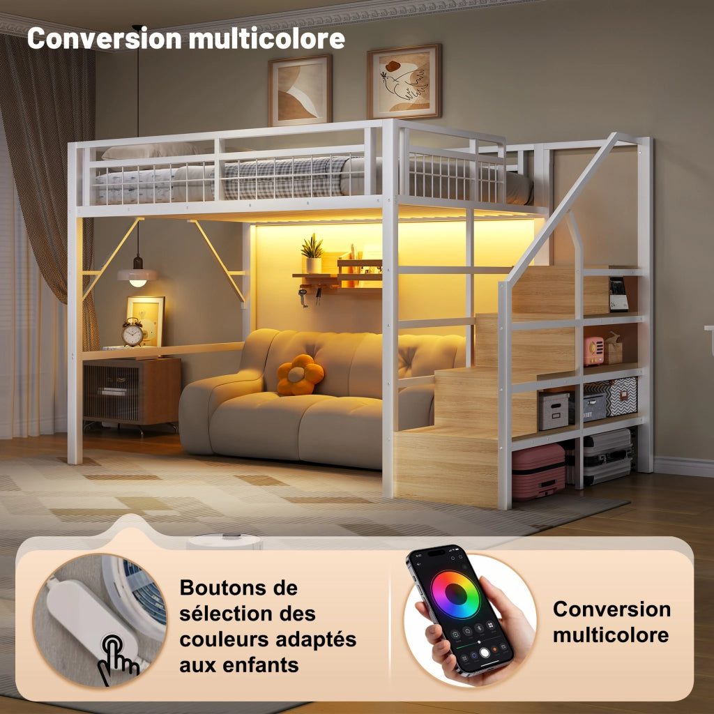 OKWISH Letto a Soppalco 140×200 cm, Letto Matrimoniale con LED Regolabile, Scala Contenitore e Spazio sotto Letto, senza Materasso, Bianco
