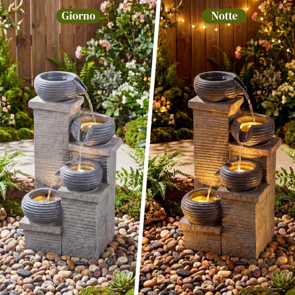 Fontana da Giardino a 4 Livelli, Fontana Cascata da Esterno in Resina con 3 Luci LED, Pompa Silenziosa e Velocità Regolabile, Fontanella Decorativa per Terrazze e Cortile, 28 x 22 x 58 cm