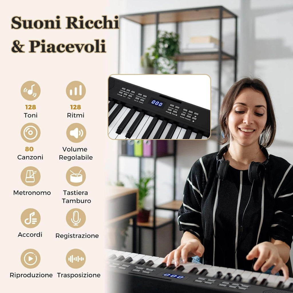 Tastiera Pianoforte Pieghevole a 61 Tasti, Tastiera Elettronica con Funzione MIDI, Cuffie, Pedale Sustain, Pianoforte Digitale Portatile per Principianti (Nero)