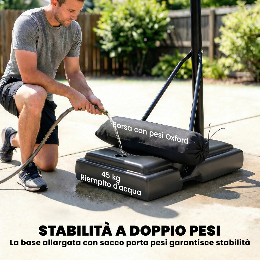Canestro Basket con Altezza Regolabile 1,3-3 m, Base Riempibile e Ruote, Nero