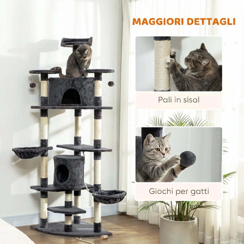 Albero Tiragraffi per Gatti Alto con Casette e Amache, 60x60x200cm, Grigio Scuro