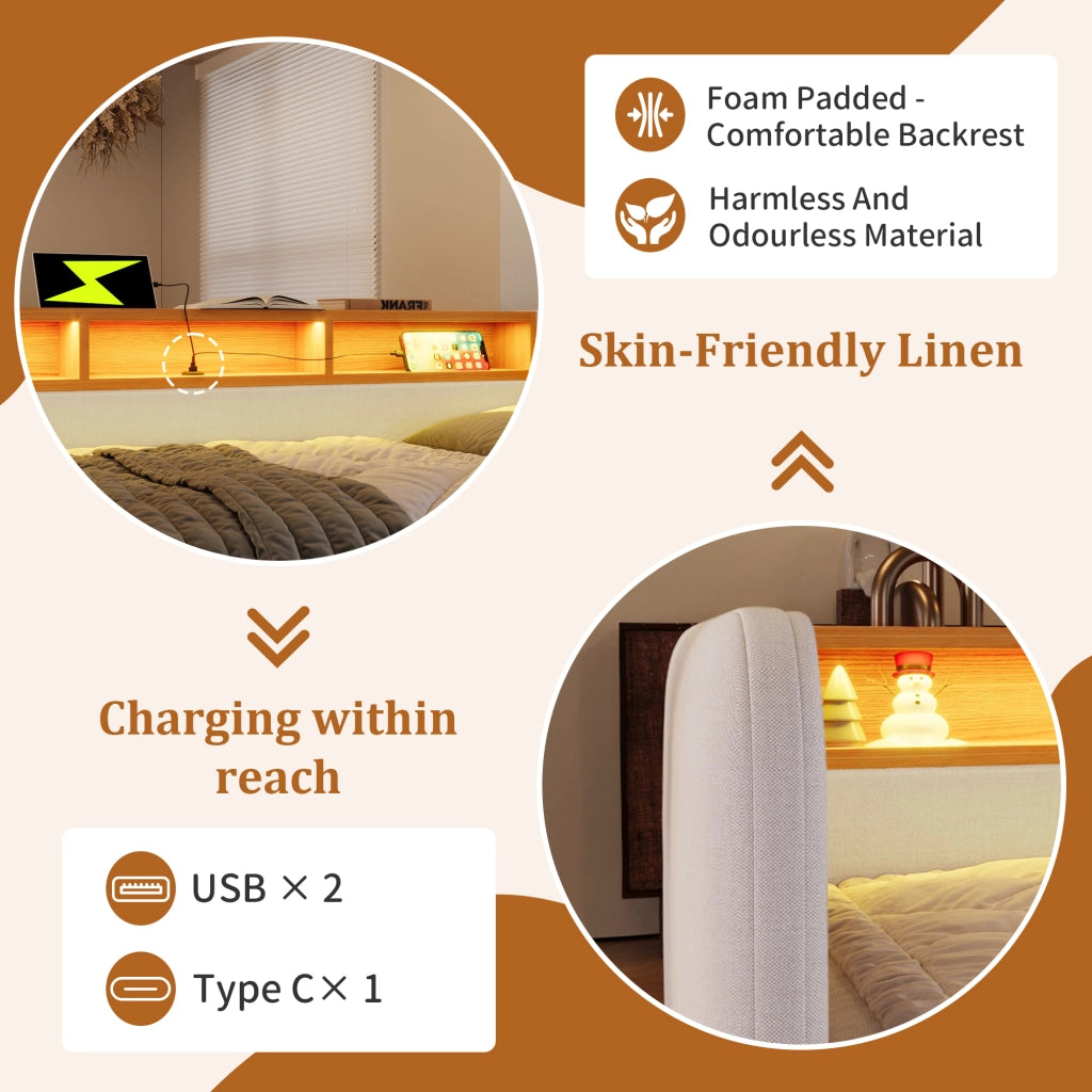 DESMIU Divano letto 140 × 190 cm 2 posti con LED, USB e Type-C, 2 cassetti, senza materasso, in lino, beige