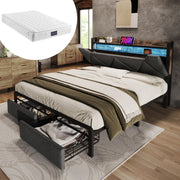 Letto matrimoniale 140x200 cm in lino grigio con testiera contenitore; LED; USB e cassetti
