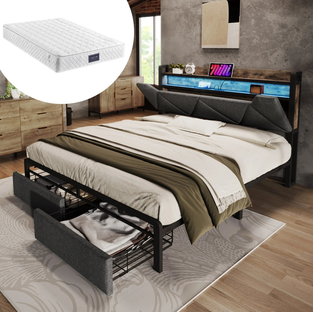 Letto matrimoniale 140x200 cm in lino grigio con testiera contenitore; LED; USB e cassetti