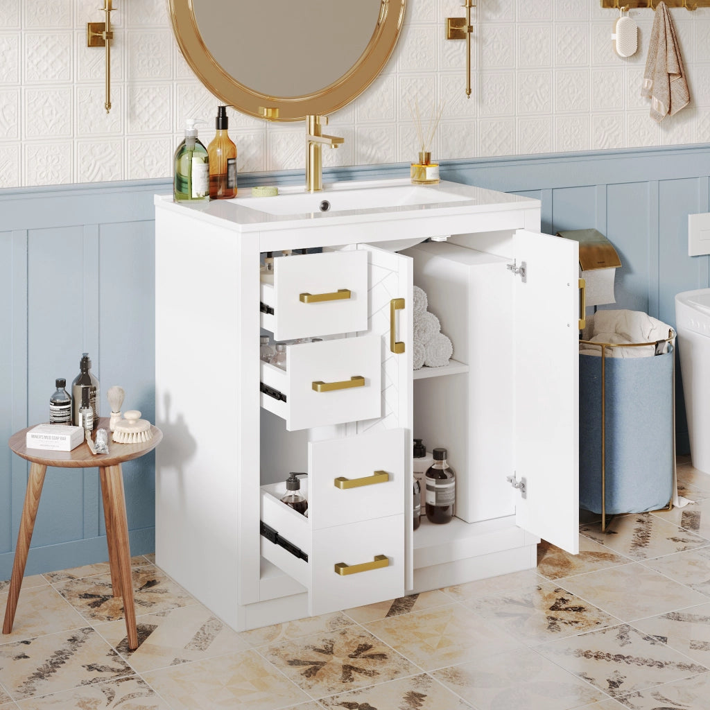 Mobile sottolavabo con lavabo in ceramica, 2 ante, 3 cassetti e ripiani aperti per bagno, bianco, 76.5 × 46.5 × 84.5 cm