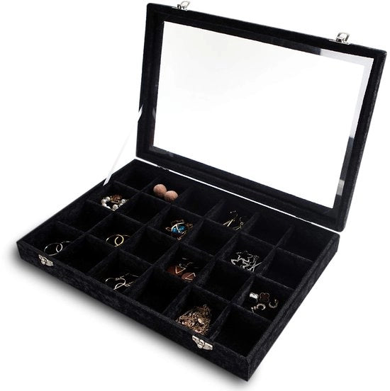 Organizzatore di Accessori con Coperchio Transparente, 24 Scomparti, Pezzo di Caricamento in Velluto, Scatola di Conservazione di Accessori con Coperchio in Vetro, Display di Accessori con Scomparto, Regali per Donne (Nero, 24 Scomparti)