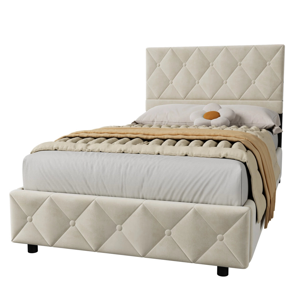 Letto singolo imbottito beige in velluto, struttura MDF ferro, supporto centrale
