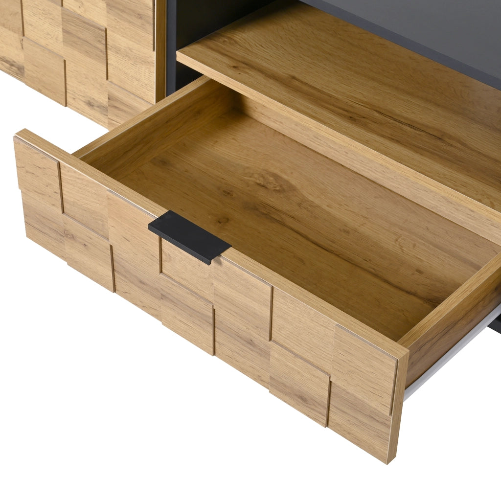 Mobile porta TV con 2 ante, 1 cassetto e vano aperto, design mosaico, in truciolato, naturale, 170 × 35 × 44,5 cm