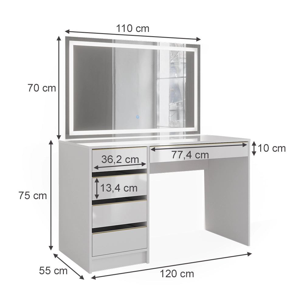 Vicco Tavolo da toilette Bianco/Oro 55 cm con specchio a LED