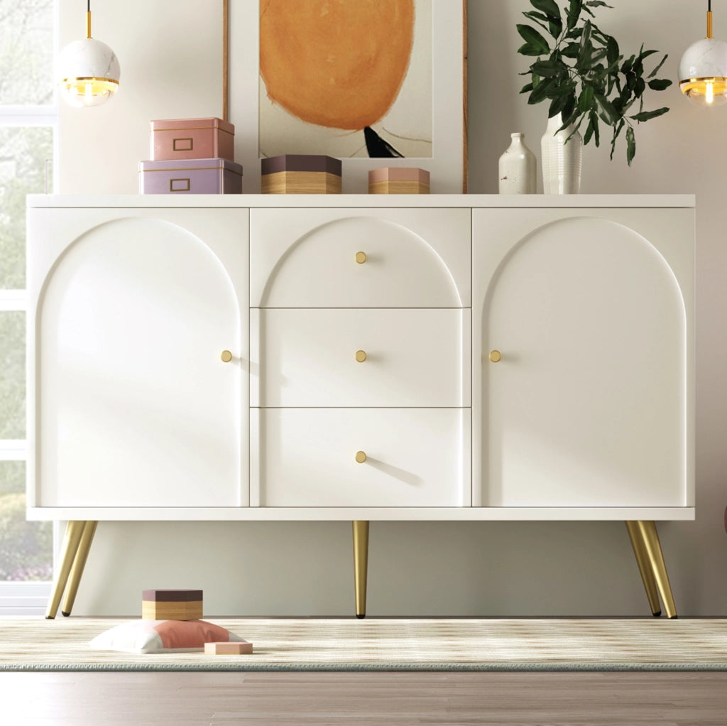 Credenza ULEVR 140x40x84 cm con 2 ante, 3 cassetti e ripiani regolabili, bianco crema
