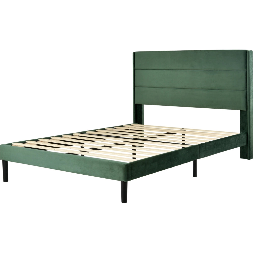 Letto imbottito 140x200 cm con testiera e rete a doghe; velluto verde scuro