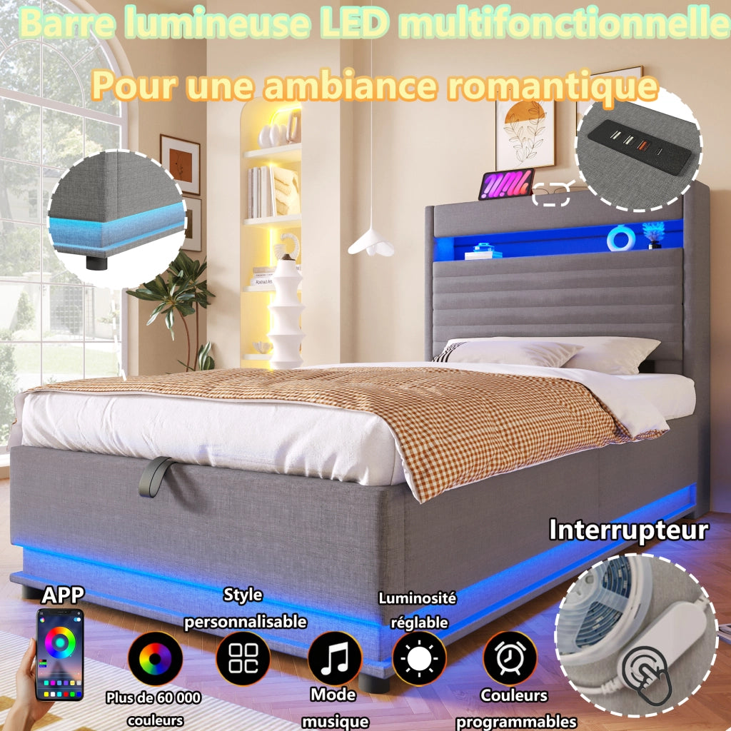 Letto contenitore 90 × 200 cm con vano idraulico LED regolabile USB e Type-C rivestito in lino grigio