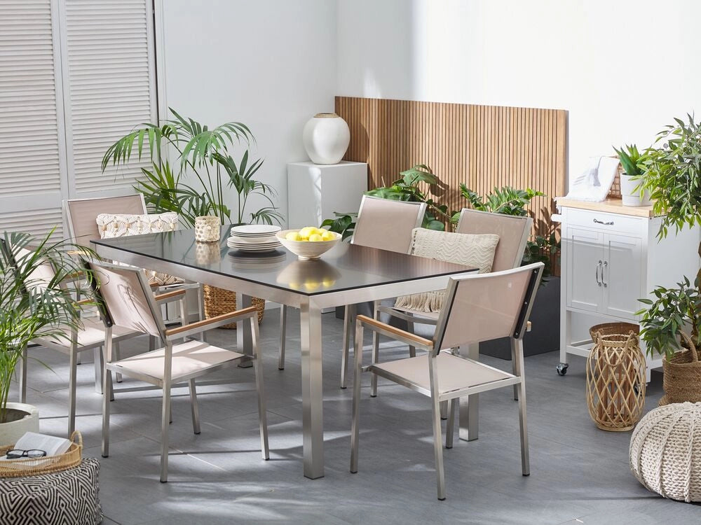 Set da pranzo da giardino beige con piano in vetro Nero 6 posti 180 x 90 cm