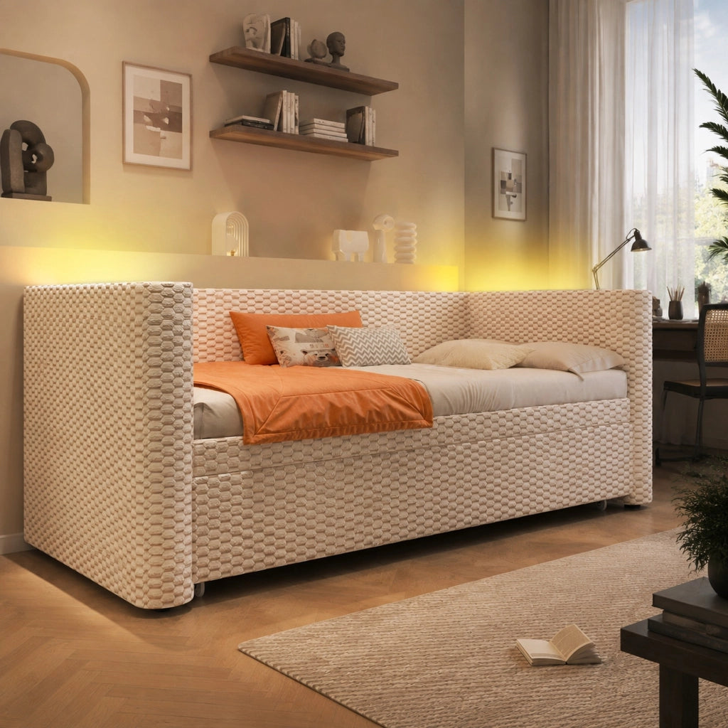 Divano Letto Multifunzionale 90x200 cm con LED e Struttura in Velluto Beige