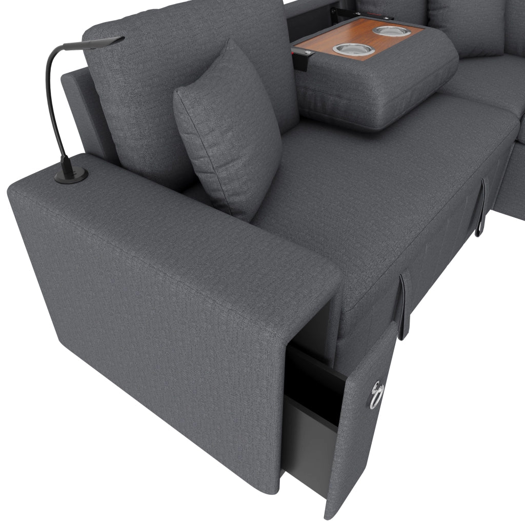 Divano letto angolare 5 posti con pouf contenitore; USB e Type-C grigio HOMVRA