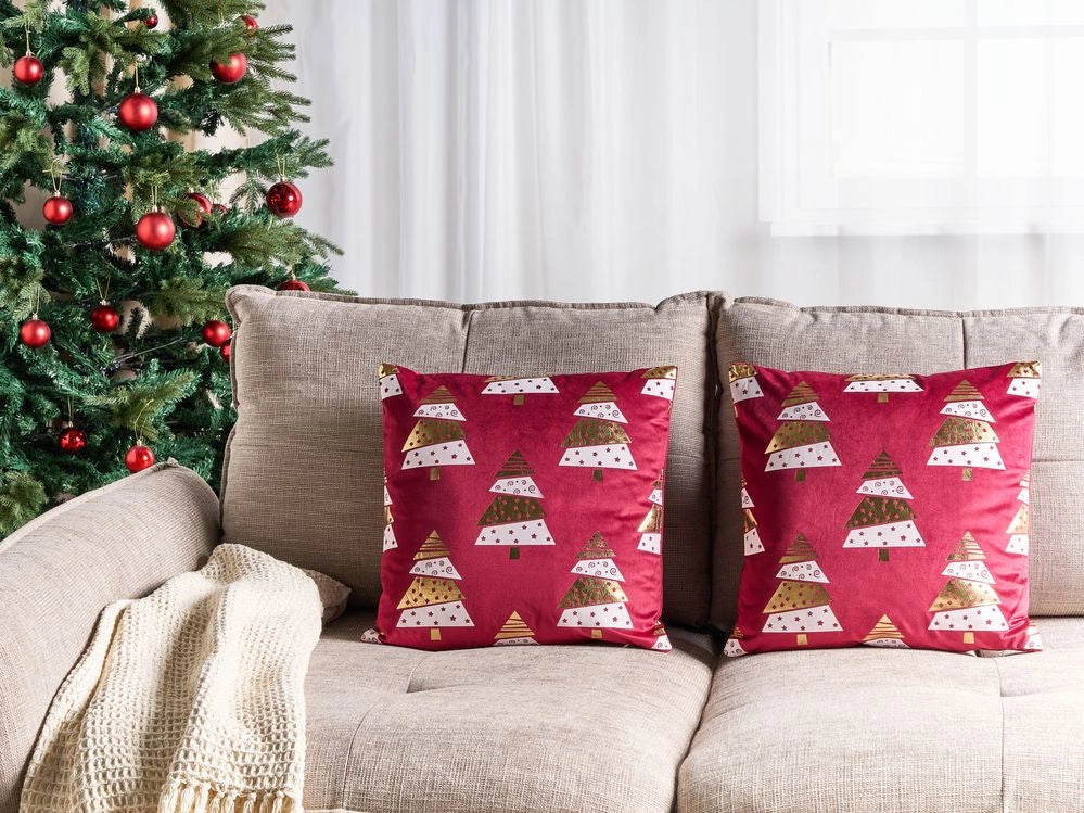 Set di 2 cuscini in velluto con stampa alberi di Natale rosso sfoderabili 45 x 45 cm soggiorno camera da letto