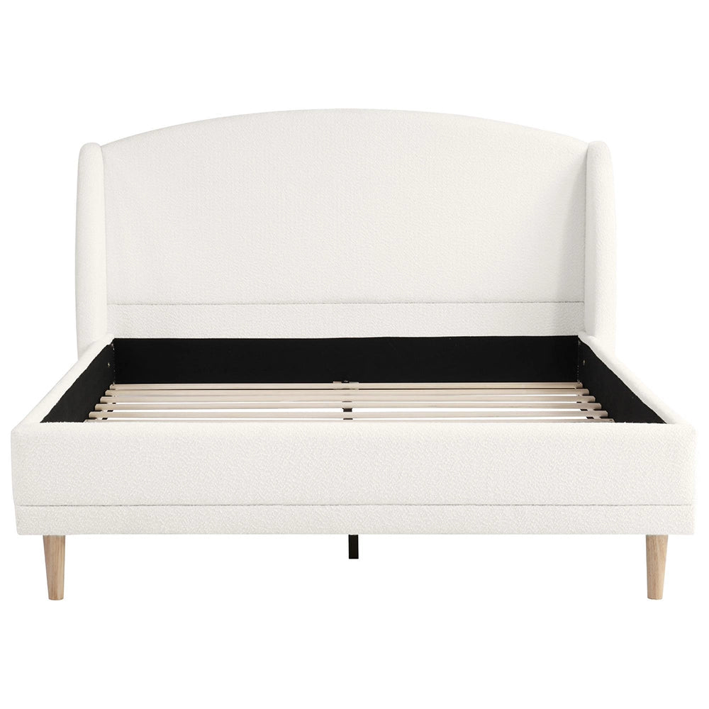 Letto imbottito con testiera a orecchie - Xylo - 140¡Á190 cm - Bianco avorio - Design curvo con rete a doghe solide e piedi in legno di gomma