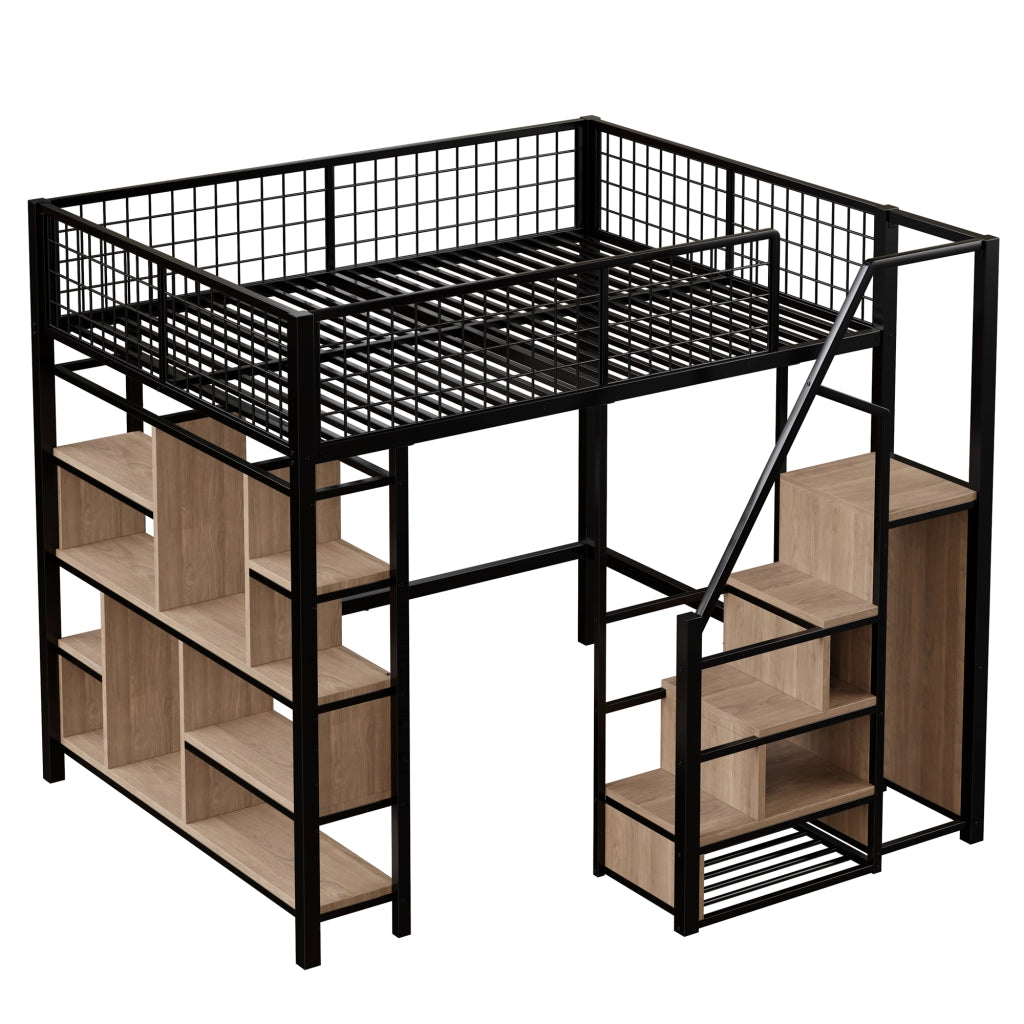 Letto a soppalco matrimoniale 140×200 cm con scala contenitore e ripiani; senza materasso; metallo e legno; nero