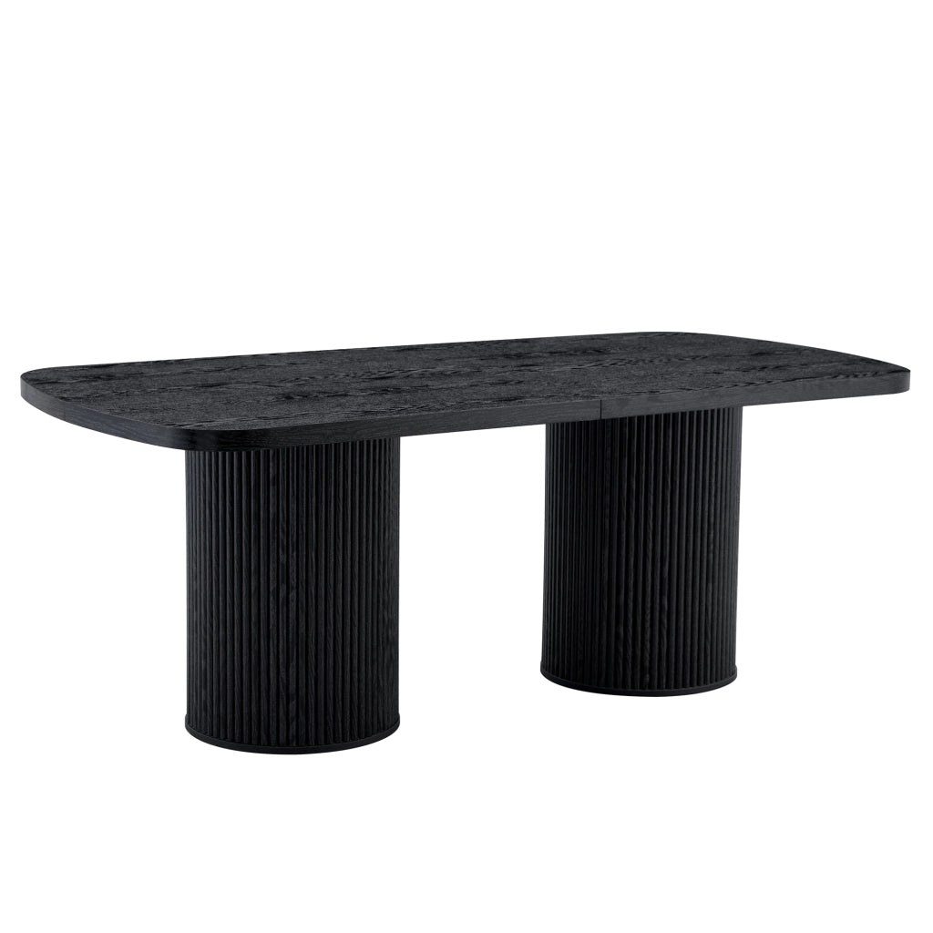 Tavolo da pranzo per 6-8 persone con piano ovale e base scanalata; stile wabi sabi; in MDF; nero; 180×90×76 cm