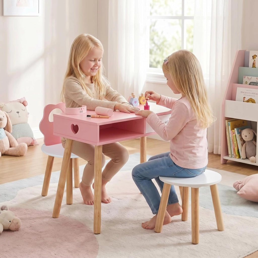 2 in 1 Set Tavolo Manicure per Bambini per Cameretta | Set Toeletta per Bambini con 2 Sedie in Legno con Cassetto e Scomparto, Postazione Trucco per Gioco e Studio, 61 x 35 x 51 cm