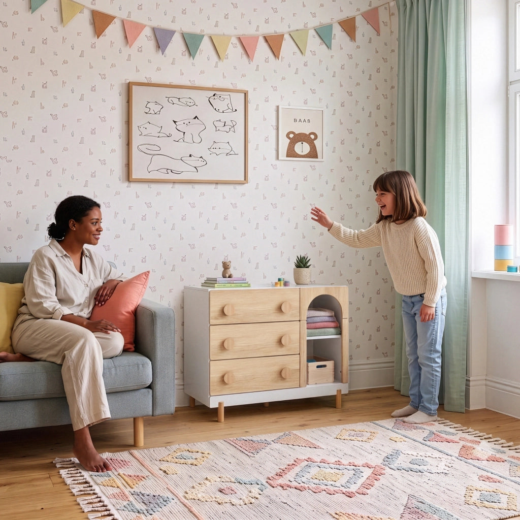 Cassettiera Vaarentaa per Cameretta con 3 Cassetti e 2 Vani Aperti 79x41x66 cm - Bianco/Effetto Rovere [en.casa]