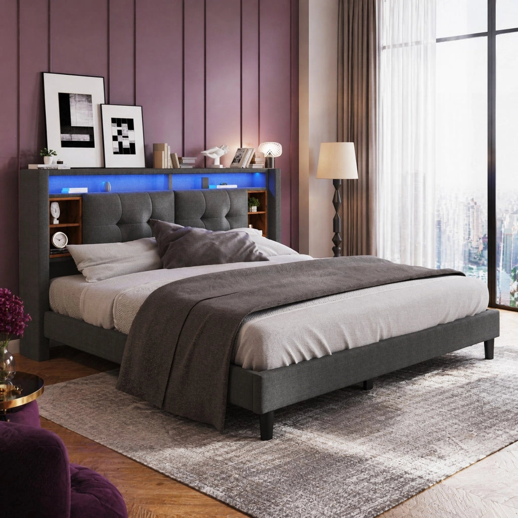 Letto matrimoniale imbottito 140x200 cm con testiera contenitore; LED e prese USB; grigio