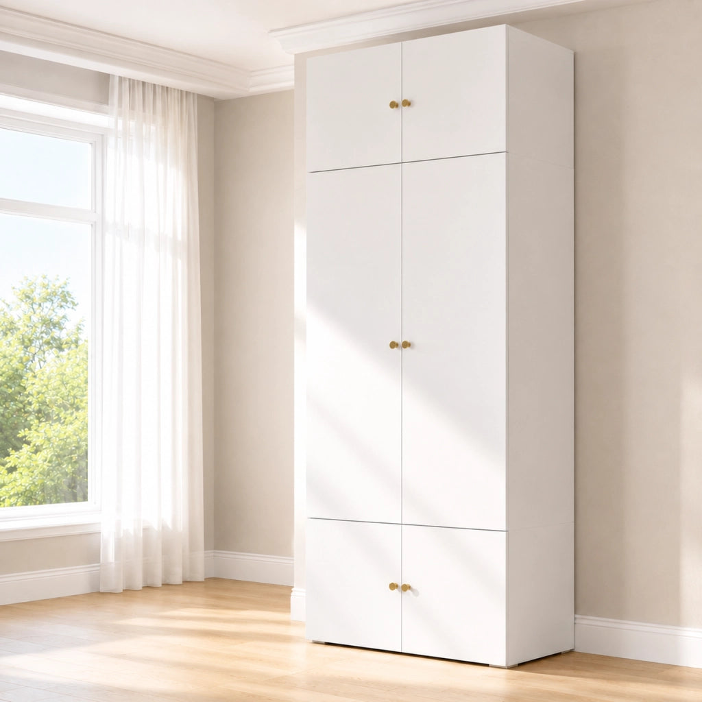 Armadio guardaroba 90x50x200 cm con appendiabiti e 5 vani portaoggetti; bianco