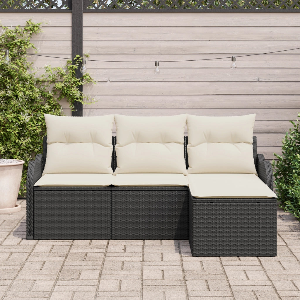 Set Divano da Giardino di 4 Pezzi con Cuscini Polirattan Nero