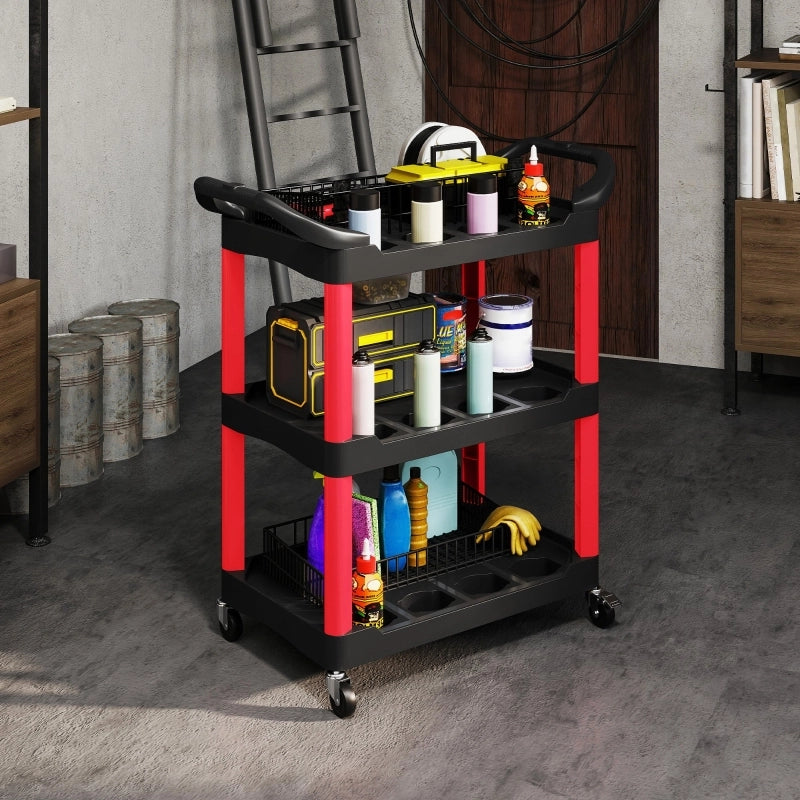 Carrello da officina a 3 ripiani con maniglia, ruote piroettanti e fori portautensili, portata 91 kg
