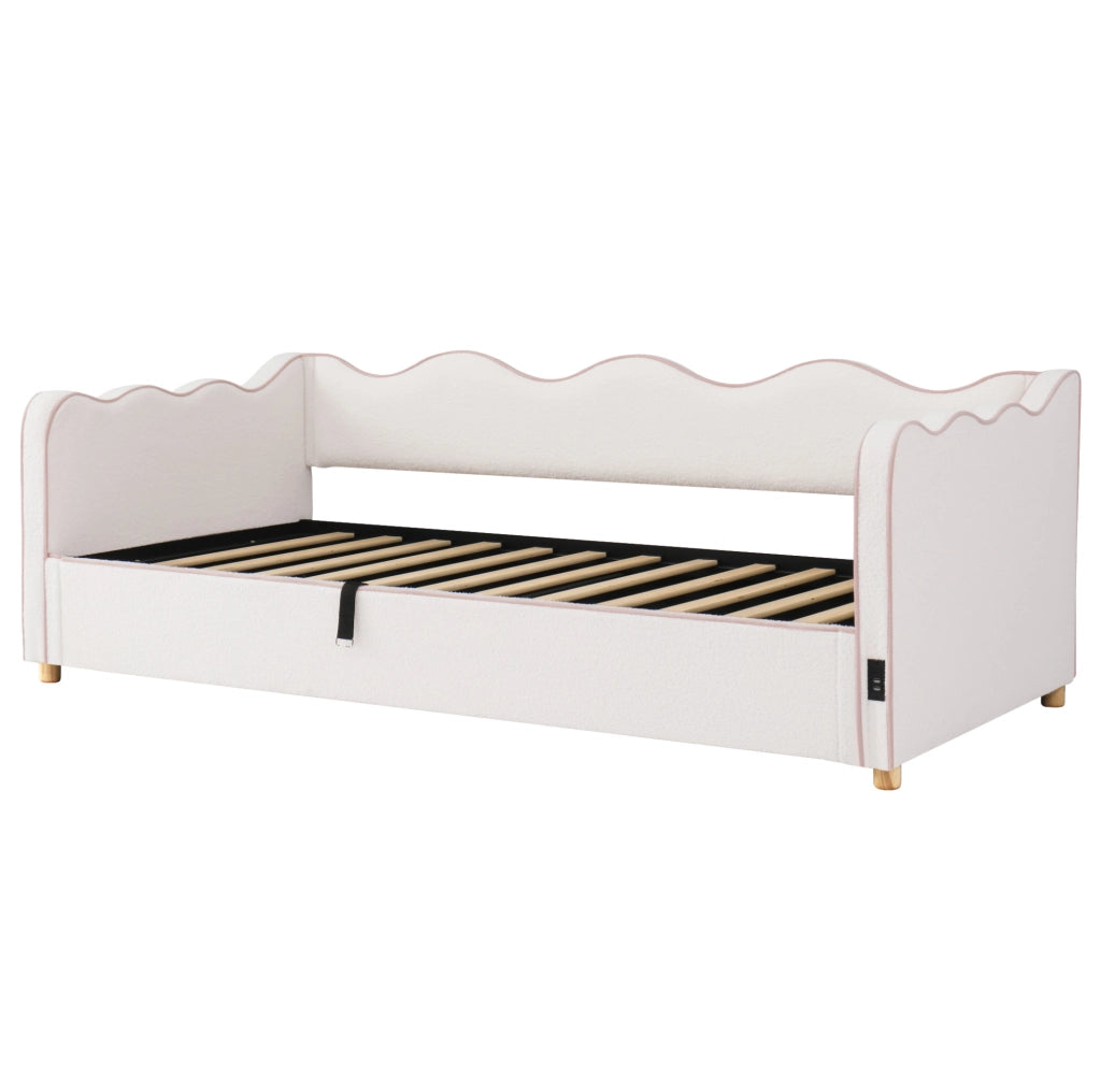 Letto imbottito ULEVR 90x200 cm con contenitore idraulico, USB e Type-C, boucl¨¦ beige