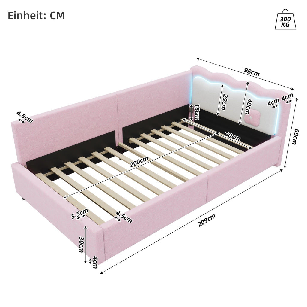 Divano letto rosa 90 x 200 cm con illuminazione LED e struttura in MDF