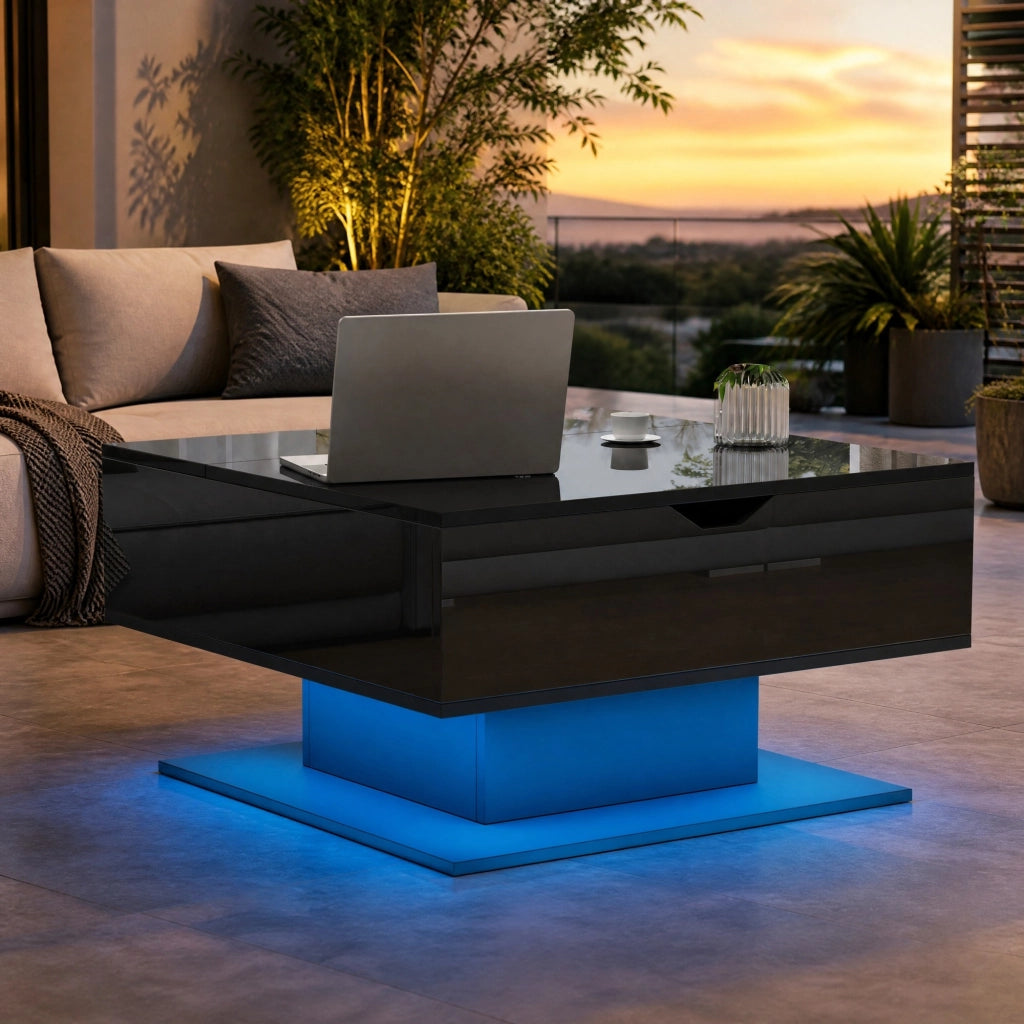 Tavolino da salotto alzabile 80x75x40 cm con LED e vano contenitore; truciolare nero lucido