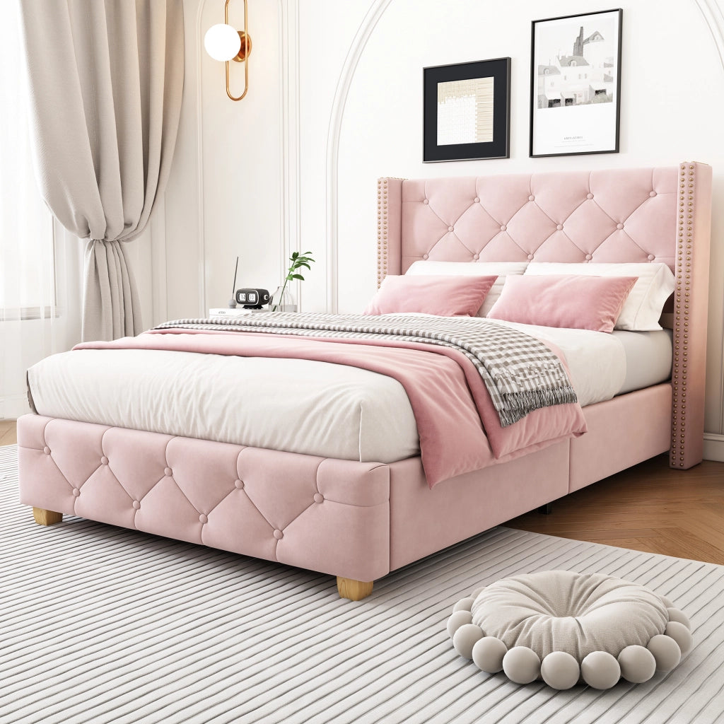 Letto Singolo 90×200 cm; 1 Posto con Testiera Imbottita e Borchie Decorative; senza Materasso; Velluto Rosa
