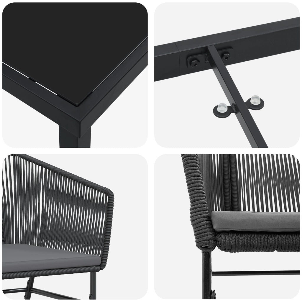 Set da pranzo da giardino 9 pezzi con cuscini in polyrattan nero