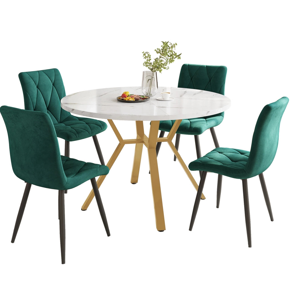 Set tavolo da pranzo rotondo 5 pezzi bianco, verde e oro con 4 sedie