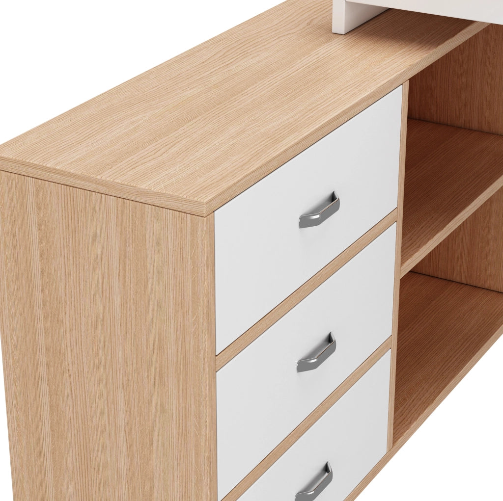Scrivania 147x100x75.3 cm con tre cassetti e due vani a giorno in MDF e metallo naturale