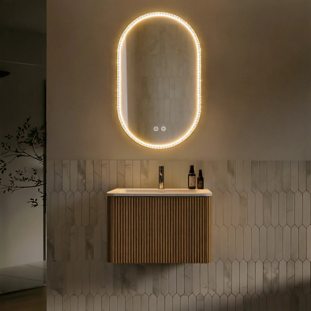 Mobile bagno con specchio con lavabo integrato e base sospesa LED antiappannamento per bagno in MDF rovere