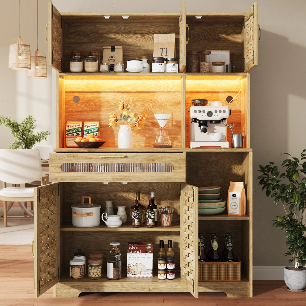 Credenza Alta da Cucina con Ante in Vetro e Ripiani Regolabili con LED per Cucina in MDF 120x40x180 cm Naturale