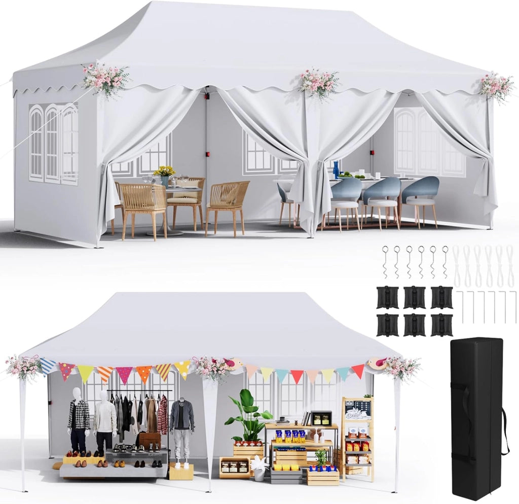 Gazebo 3x6 Pieghevole Impermeabile con 6 Pareti Laterali, Gazebo Esterno Antivento,Tenda UV 50+,12 Chiodi Rettificati e 6 PCS sacchi di sabbia, Gazebo da Giardino Festa/Campeggio/Matrimoni,Bianco