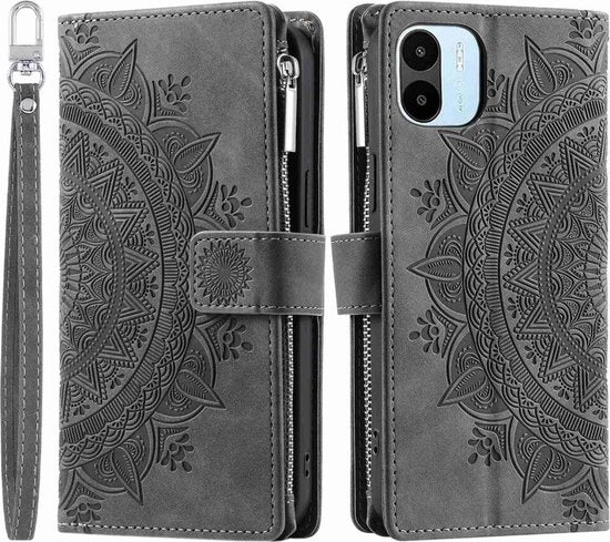 Copricapo per Libro con Zip e Spalla a Motivo Mandala per Xiaomi Redmi A1/A2 - Colore Grigio