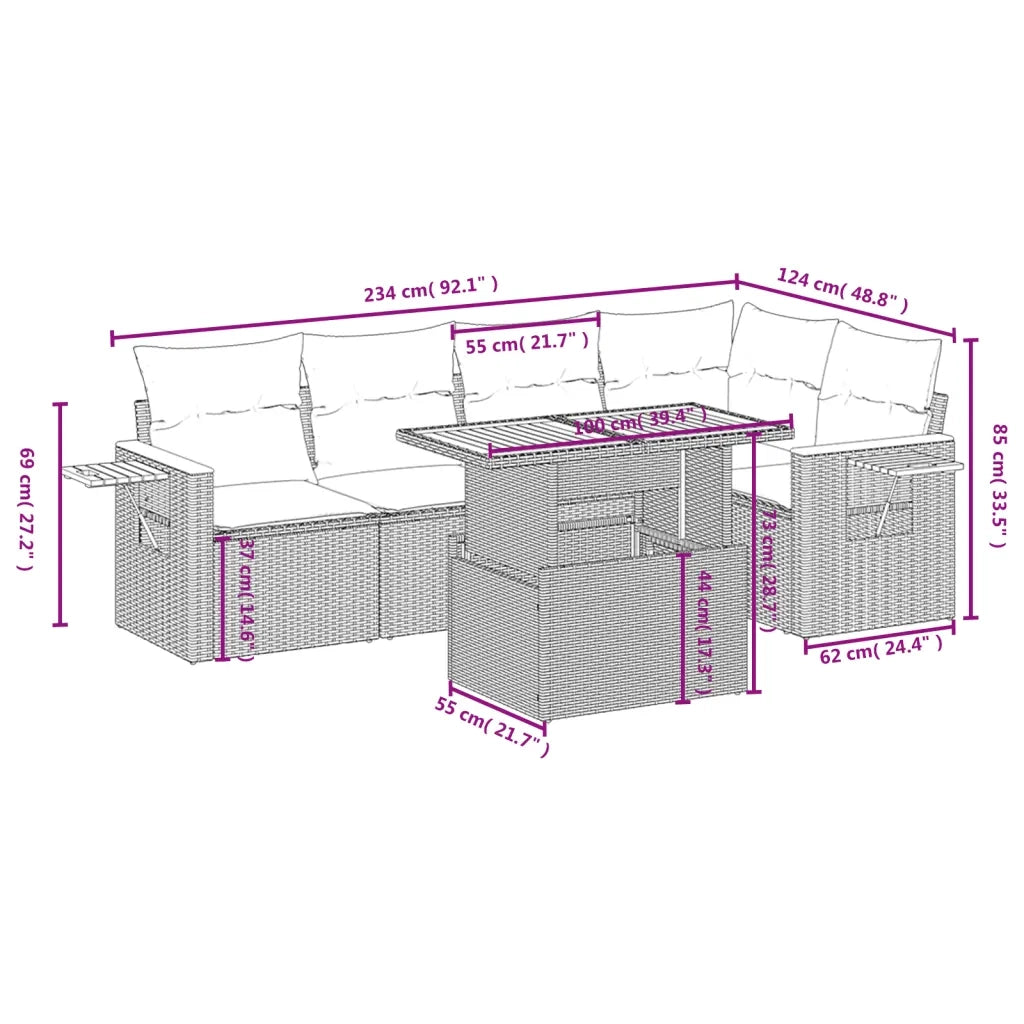 Set Divano da Giardino 6 pz con Cuscini Beige in Polyrattan